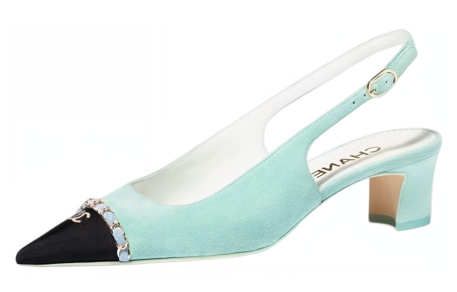 (W) Chanel Pointed Toe Slingback Buckle Block Heel 'Light Blue'