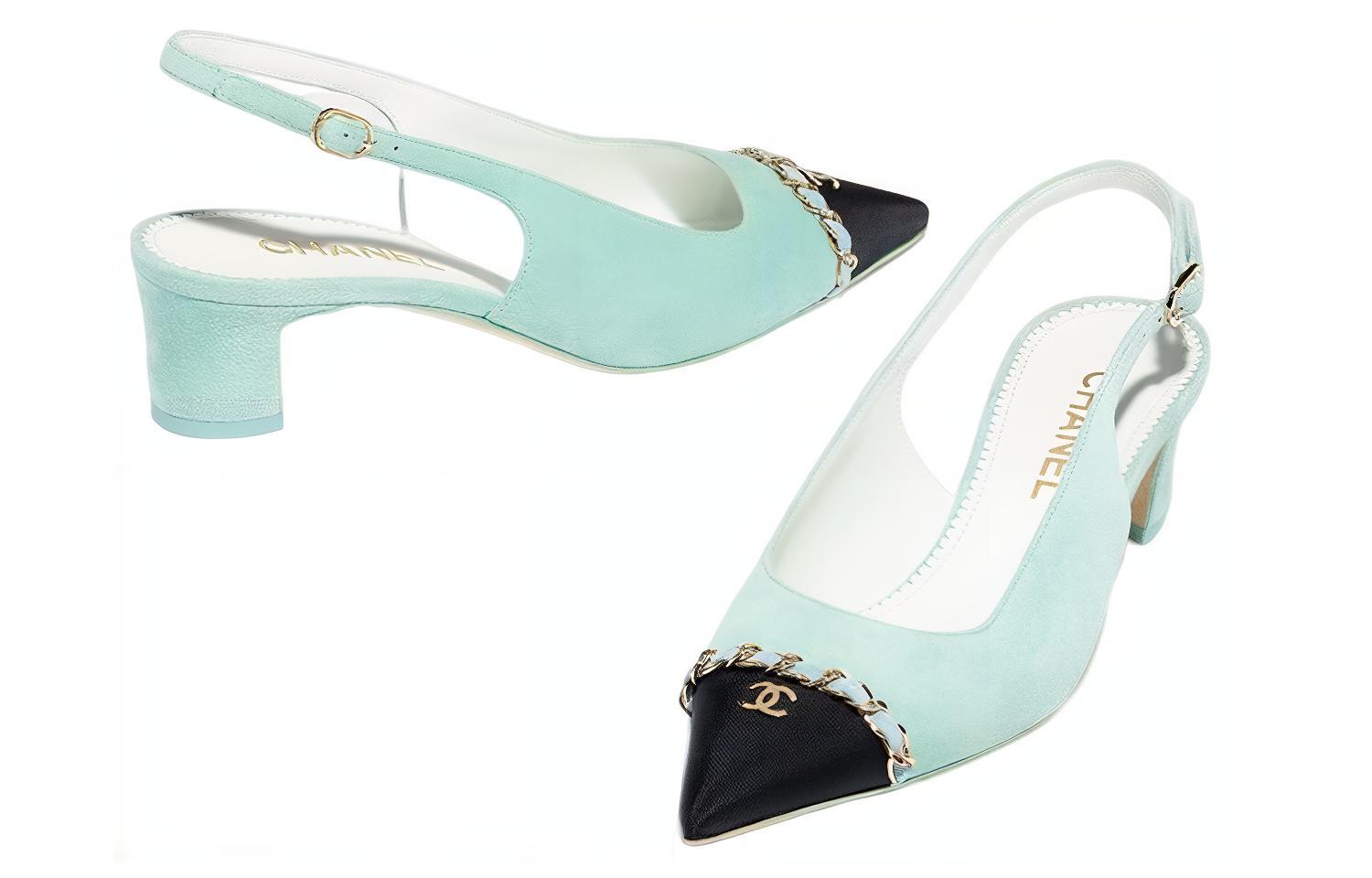 (W) Chanel Pointed Toe Slingback Buckle Block Heel 'Light Blue' 圖 4