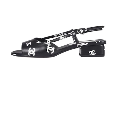 (W) Chanel Printed Chunky Heel Fashion Slide 'Black and White'
