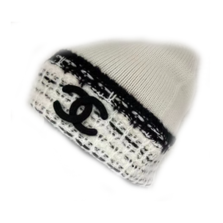 (Women) CHANEL Printed Pattern Knit Beanie -  White AAA157-B16974-NZ068