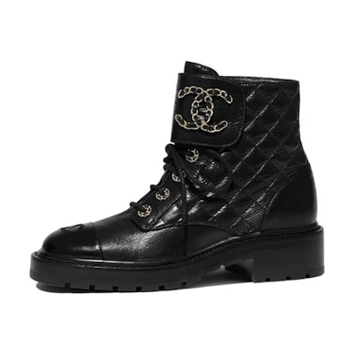 (W) Chanel Quilted Combat Boot Black Leather