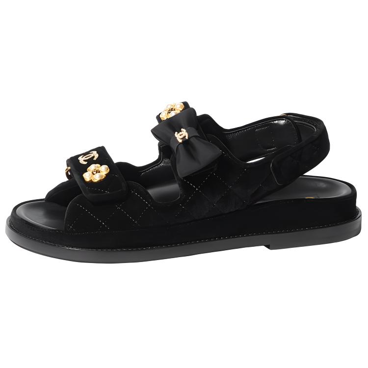 (W) Chanel Quilted Sandal Black Velvet