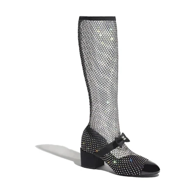 (W) Chanel Resille 55mm Knee High Mary Janes Black Crystal Patent Calfskin