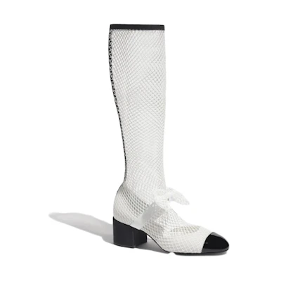 (W) Chanel Resille 55mm Knee High Mary Janes White Black Patent Calfskin