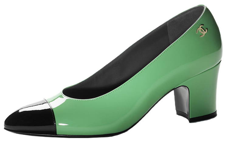 (W) Chanel Round Toe Patent Leather High Heels 'Green' 6.5cm