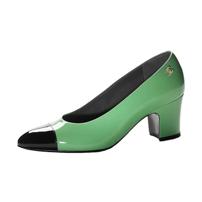 (W) Chanel Round Toe Patent Leather High Heels 'Green' 6.5cm