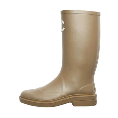 (W) Chanel Rubber Rain Boots Dark Beige