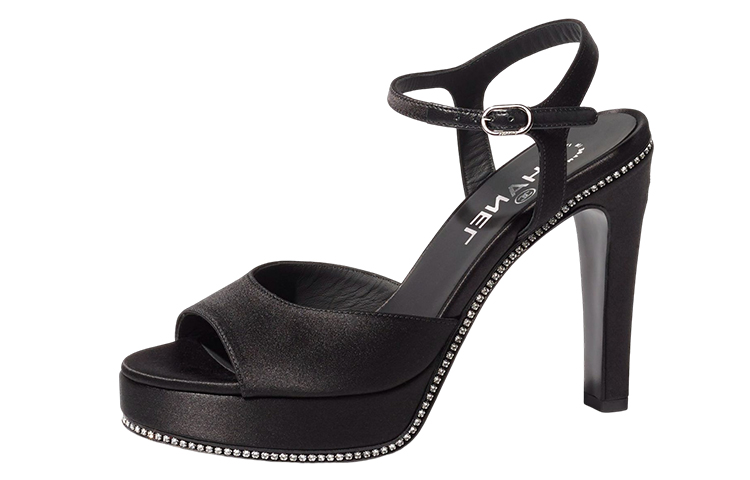 (W) Chanel Satin Rhinestone Buckle Sandals 'Black Fashion'