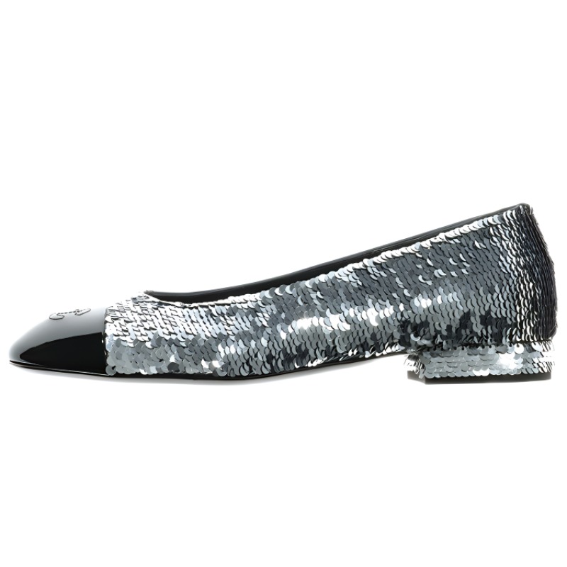 (W) Chanel Sequin and Lambskin Flats 'Silver Black'