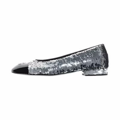 (W) Chanel Sequin and Lambskin Flats 'Silver Black'