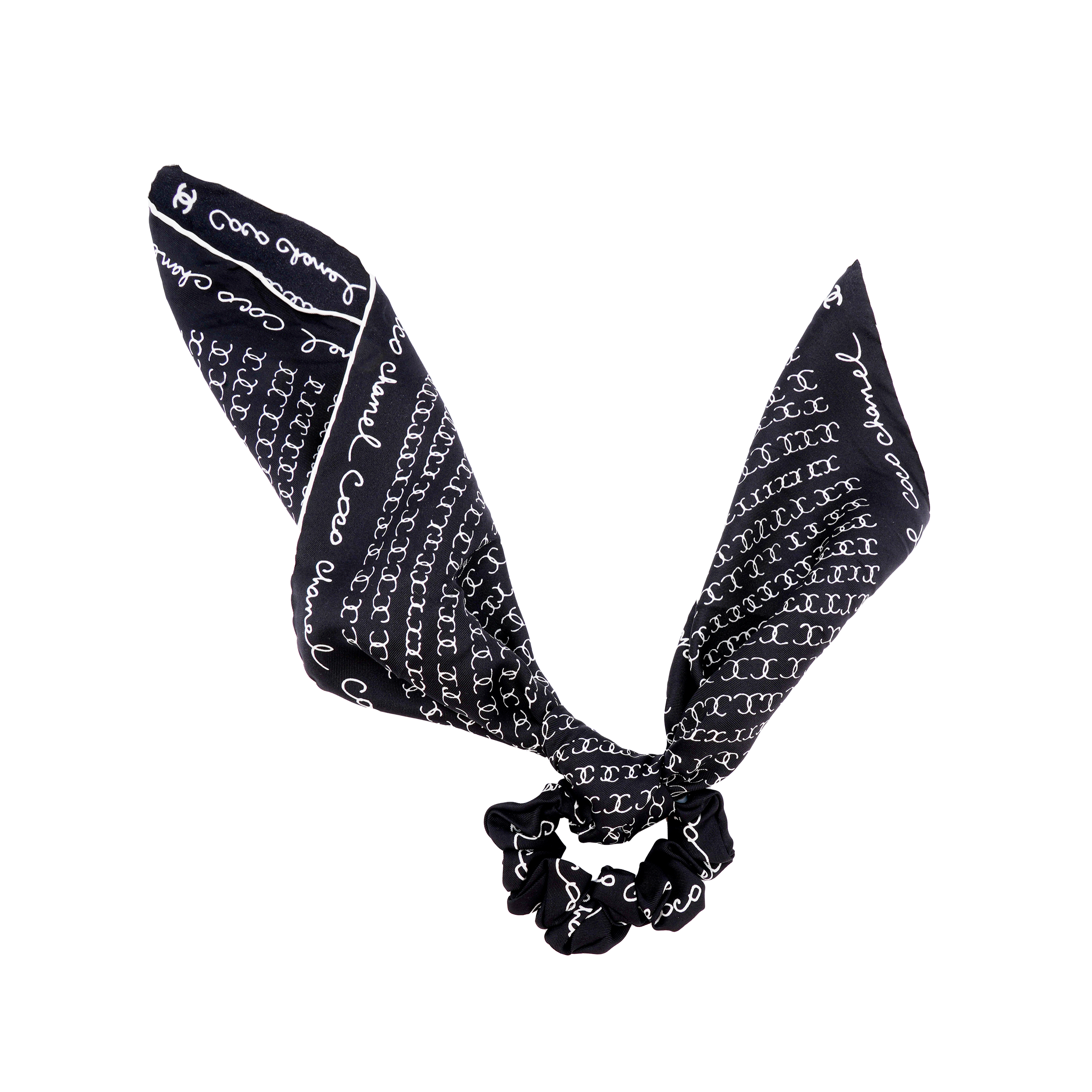 (Women) CHANEL Silk Hair Scrunchie Black with Full Logo Print. AA8028-B07406-NG545