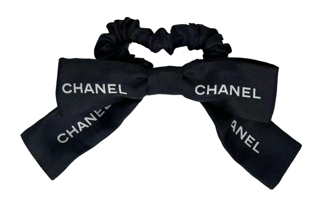 (Women) CHANEL Silk Hair Tie Black Bow Letter Print  Hair Accessory. AA9064-B10844-NN771