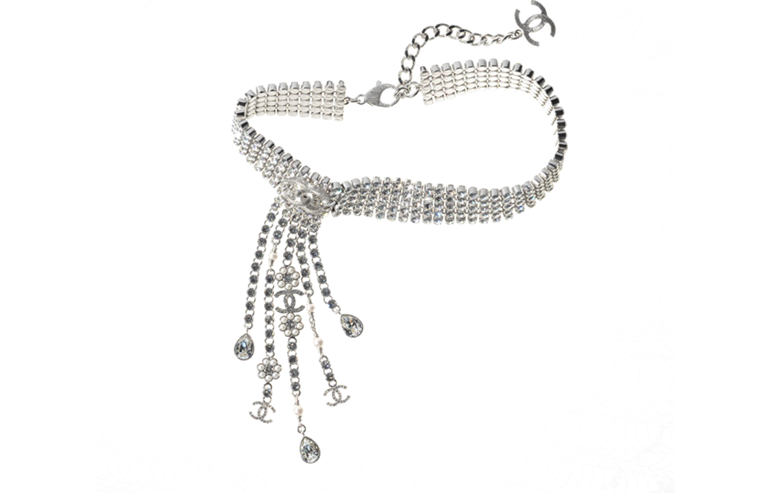 (Women) CHANEL Silver Metal Crystal Pearl Necklace for Women with Glass Rhinestones. AB7105-B06755-NF457