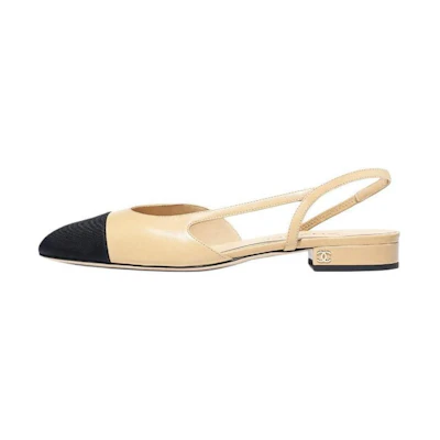 (W) Chanel Slingback Flats Beige Goatskin
