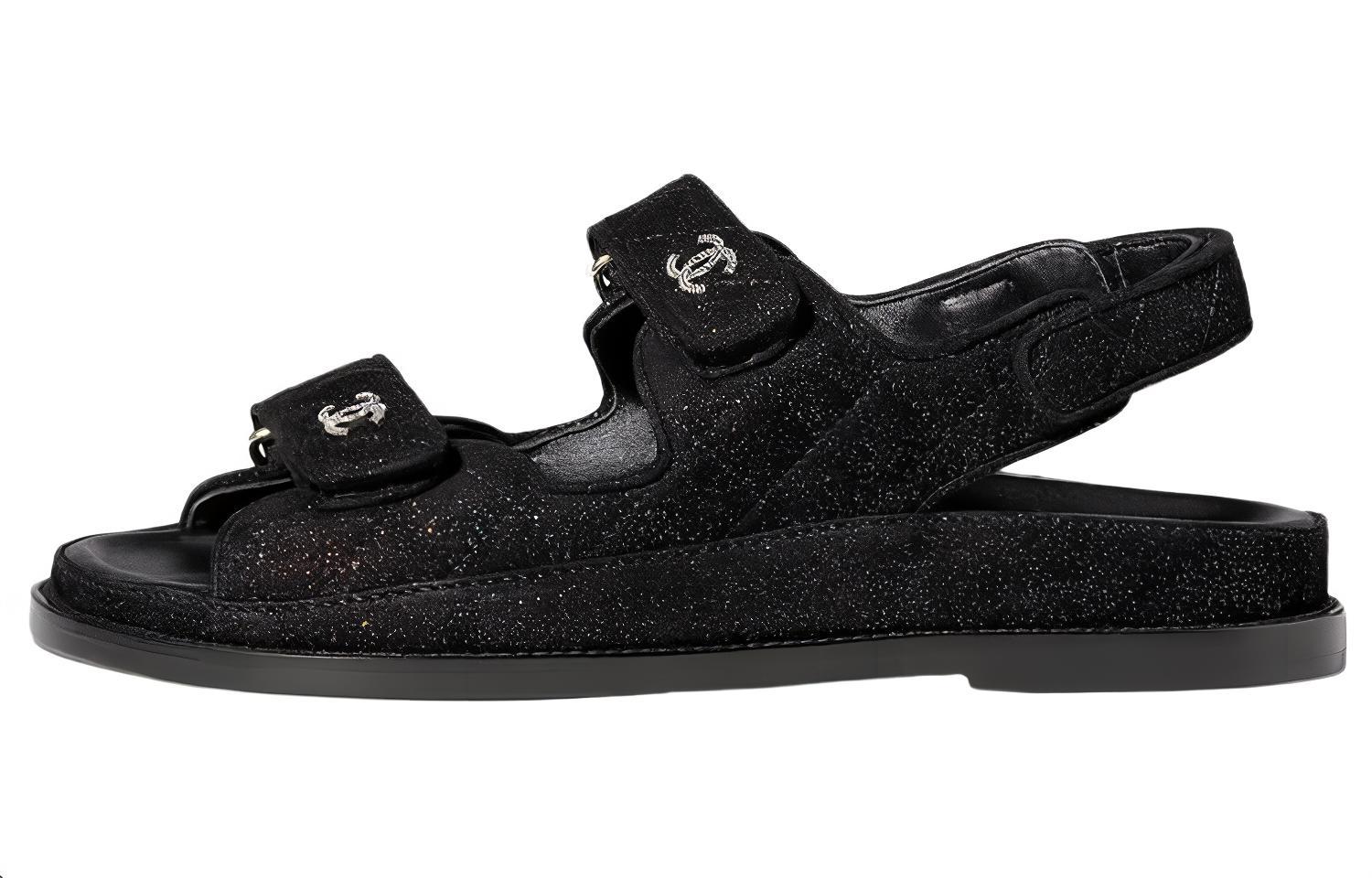 (W) Chanel Sparkle Sandal Black Silver Suede Kidskin