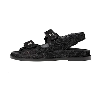 (W) Chanel Sparkle Sandal Black Silver Suede Kidskin