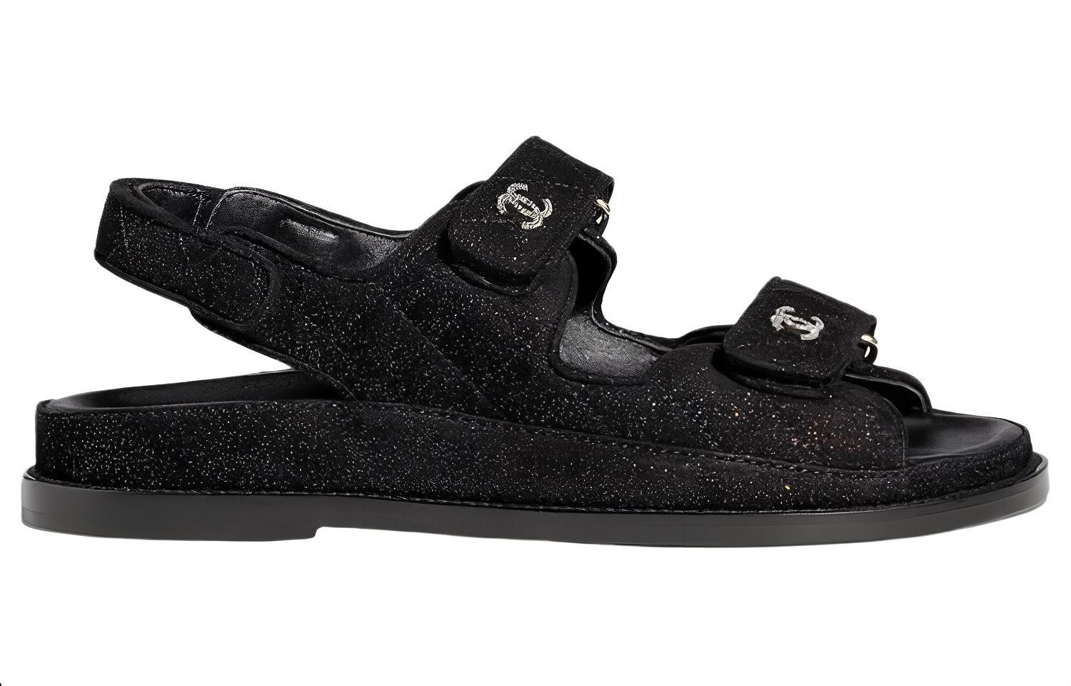 (W) Chanel Sparkle Sandal Black Silver Suede Kidskin 圖 2