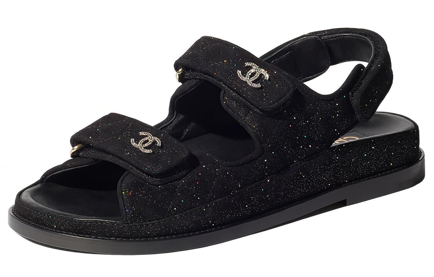 (W) Chanel Sparkle Sandal Black Silver Suede Kidskin 圖 3