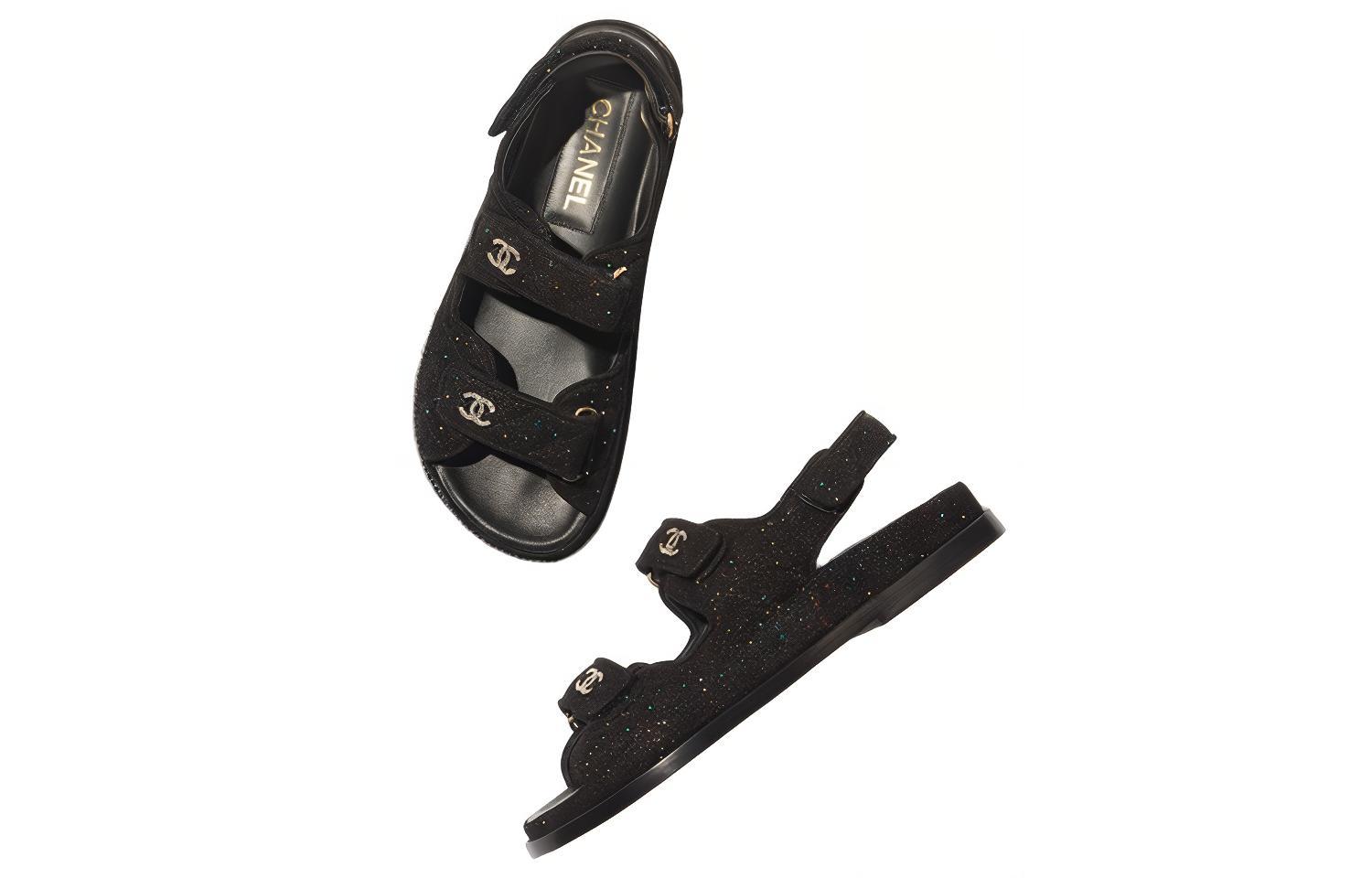 (W) Chanel Sparkle Sandal Black Silver Suede Kidskin 圖 5