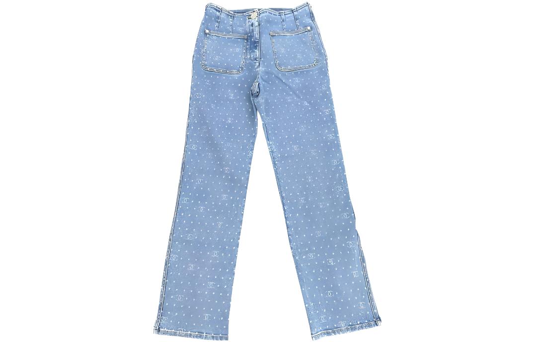 (Women) CHANEL Spring Summer 2023 Polka Dot Logo Printed Straight-Leg Jeans Women Light Blue P74503-V66049-NM672