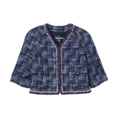 (Women) CHANEL Spring Summer 2024 Navy Blue Tweed V-Neck Long Sleeve Jacket. P75467-V67167-NQ363