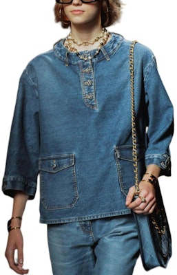(Women) CHANEL Spring Summer 2024 Washed Effect 3/4 Sleeve Shirt - Blue. P76797-V69116-NX158 Buy (Women) CHANEL Spring Summer 2024 Washed Effect 3/4 Sleeve Shirt - Blue. P76797-V69116-NX158