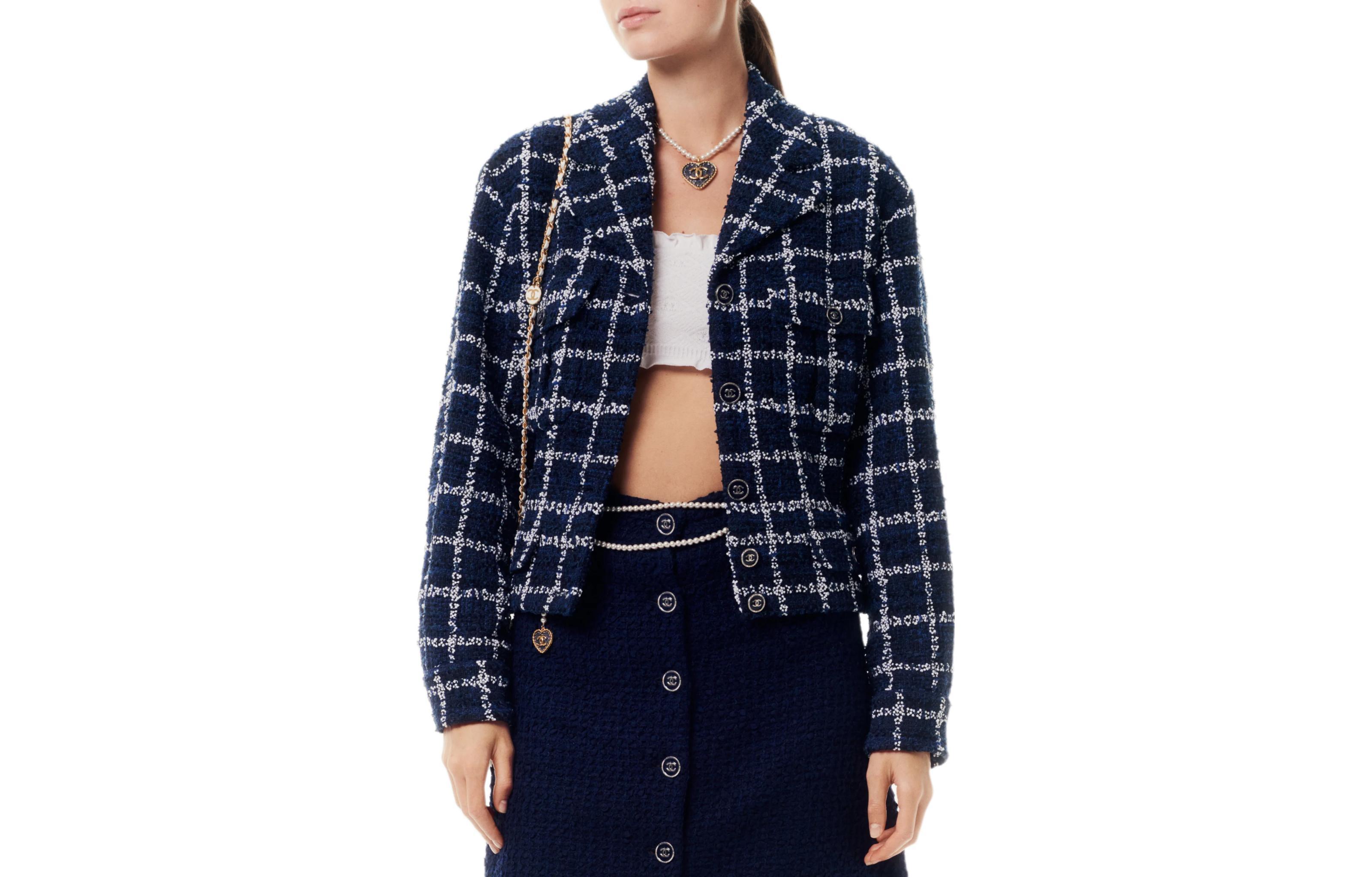 (Women) CHANEL Spring/Summer 2024 Navy Blue Checkered Button-Up Jacket P76725-V68782-NU898