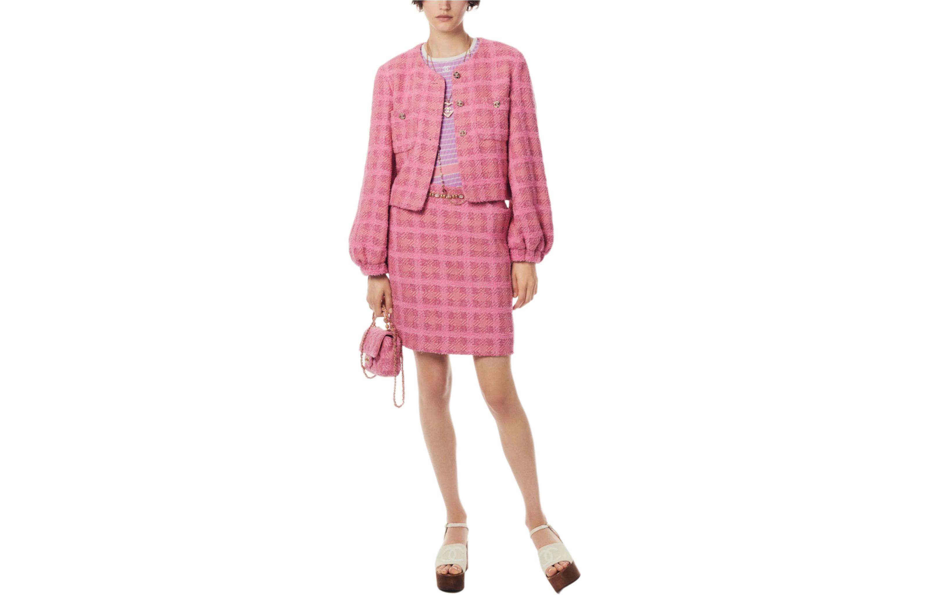 (Women) CHANEL Spring/Summer 2024 Pink Plaid Round-Neck Long-Sleeve Jacket for Women. P76714-V68549-NU897