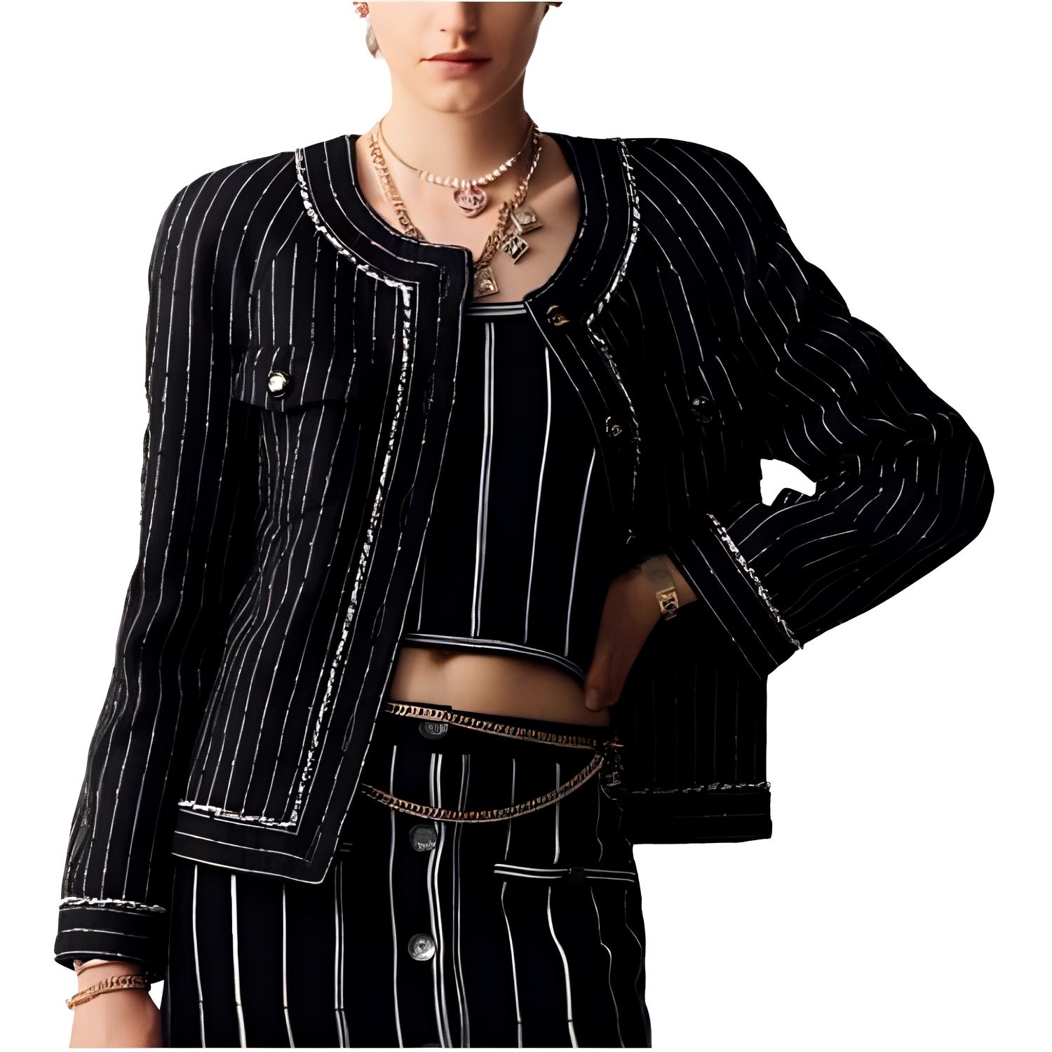 (Women) CHANEL Spring/Summer 23  Black Striped Print Crop Tank Top. P74629-K10711-NM955