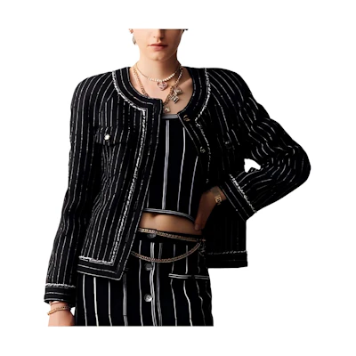 (Women) CHANEL Spring/Summer 23 Black Striped Print Crop Tank Top. P74629-K10711-NM955