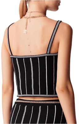 (Women) CHANEL Spring/Summer 23 Black Striped Print Crop Tank Top. P74629-K10711-NM955 Lookbook (Women) CHANEL Spring/Summer 23 Black Striped Print Crop Tank Top. P74629-K10711-NM955