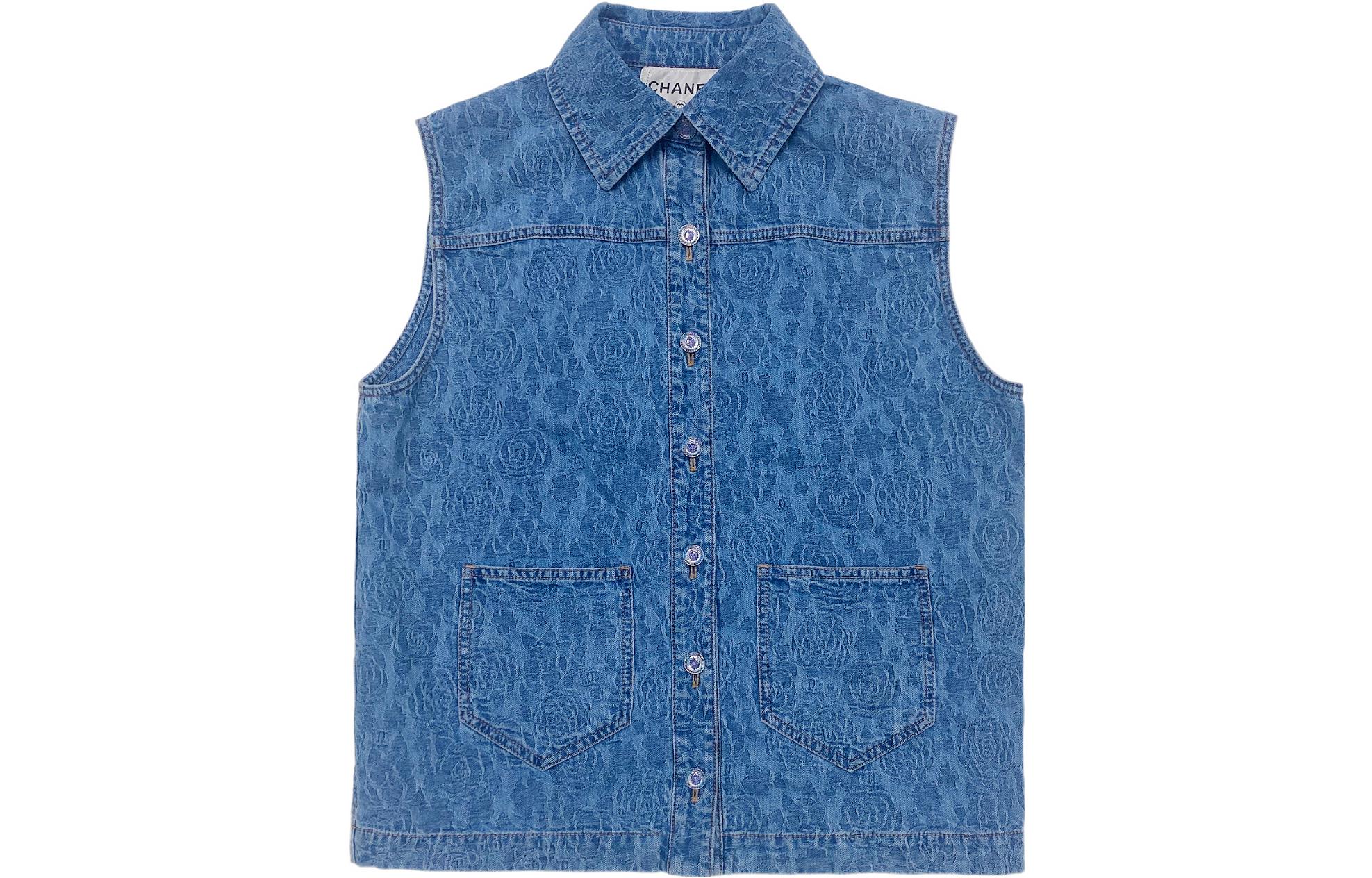 (Women) CHANEL Spring Summer 23  Blue Denim Sleeveless Shirt Collar Vest Tee. P74492-V66068-NM715