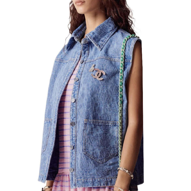 Purchase (W) CHANEL Musim Semi Panas 23 Rompi Denim Biru Tanpa Lengan dengan Kerah. P74492-V66068-NM715