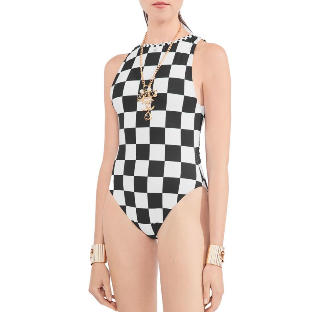 (Women) CHANEL Spring Summer 23C Checkered Knit Swimsuit Women’s Black 23C-P74073-V65730-MB103