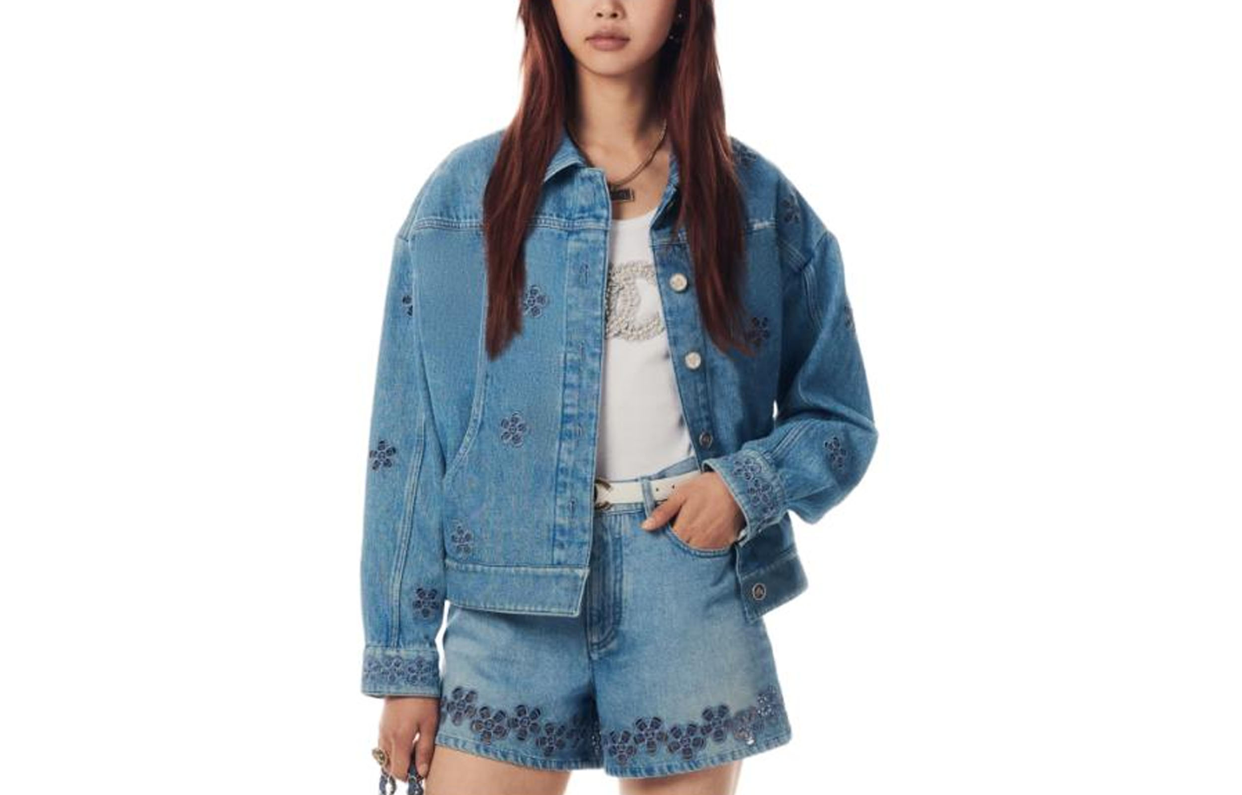 (Women) CHANEL Spring Summer 24  Light Blue Floral Embroidered Denim Jacket P76751-V68780-NW410