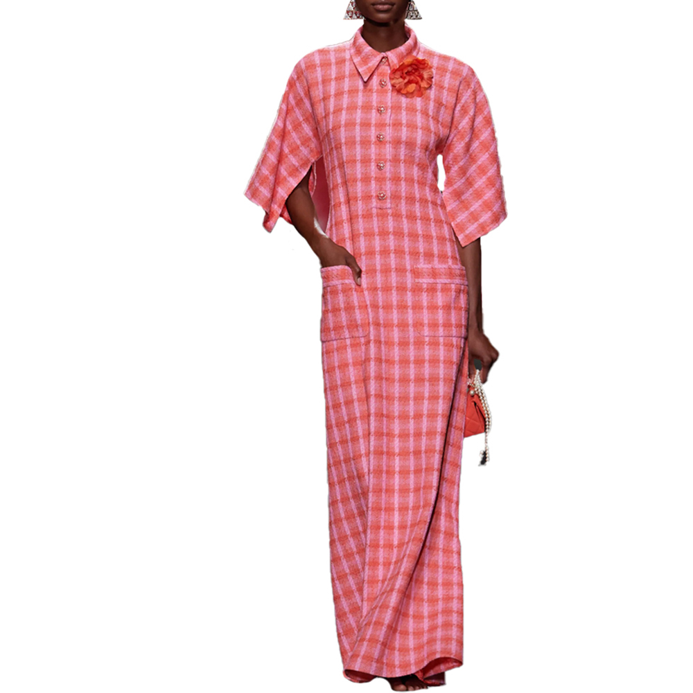 (Women) CHANEL Spring Summer 24 Pink Checkered Long Sleeve Maxi Dress for Women. P77275-V69111-NX151