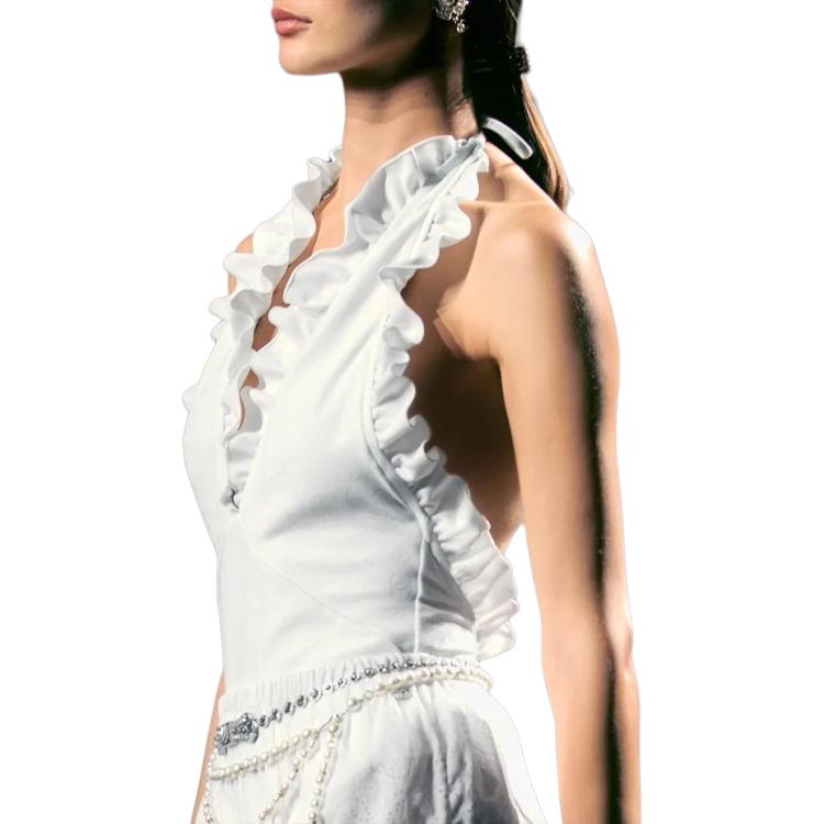 Lookbook (W) 香奈兒春夏白色無袖荷葉邊露背連身褲。 P74898-V66375-NN418