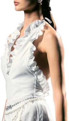 (W) 香奈兒春夏白色無袖荷葉邊露背連身褲。 P74898-V66375-NN418 Lookbook (W) 香奈兒春夏白色無袖荷葉邊露背連身褲。 P74898-V66375-NN418