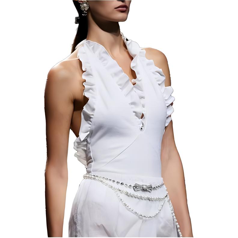 Shop (W) 香奈兒春夏白色無袖荷葉邊露背連身褲。 P74898-V66375-NN418