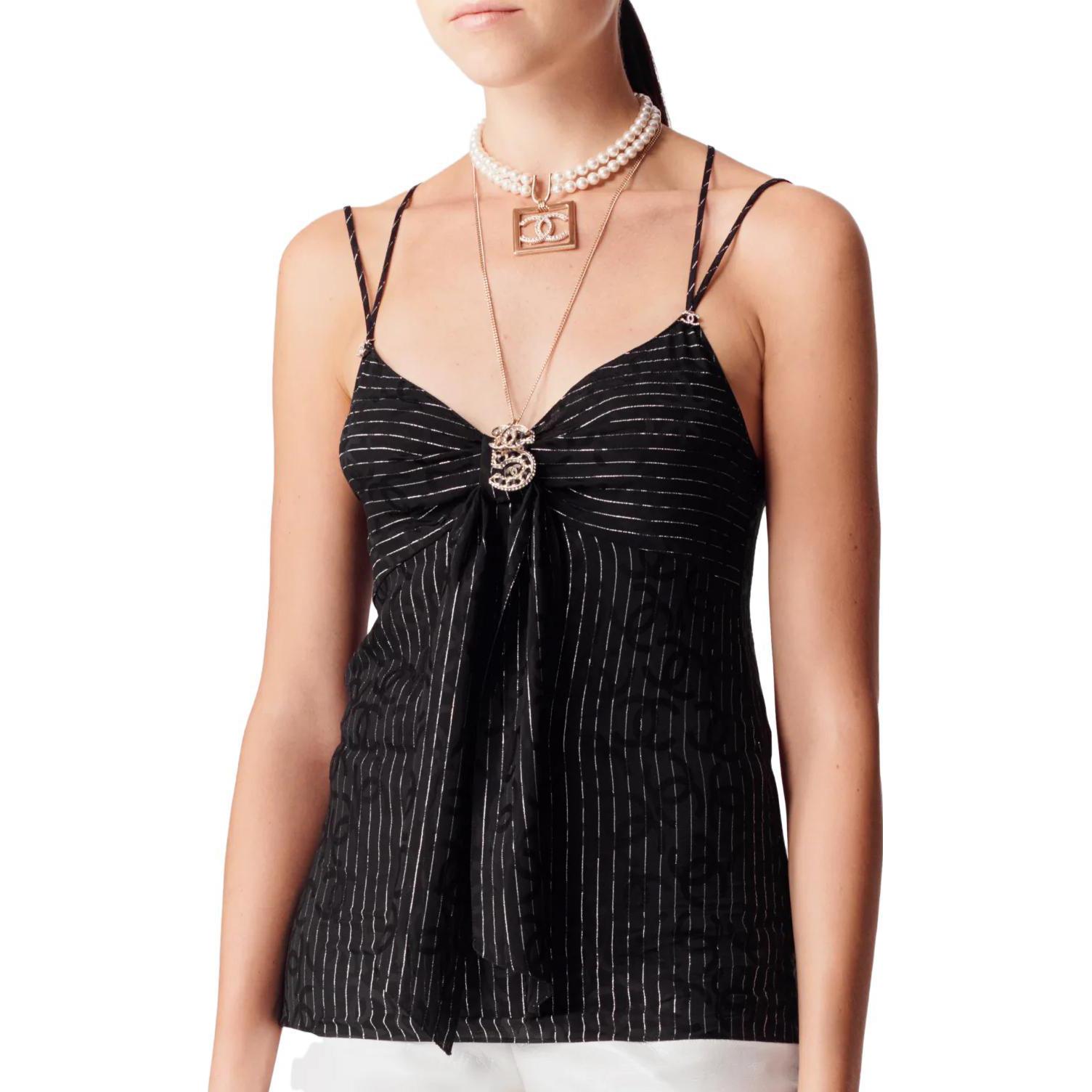 (Women) CHANEL Spring Summer Striped Bow Decor Camisole Top Black Women P74497-V66091-NM477