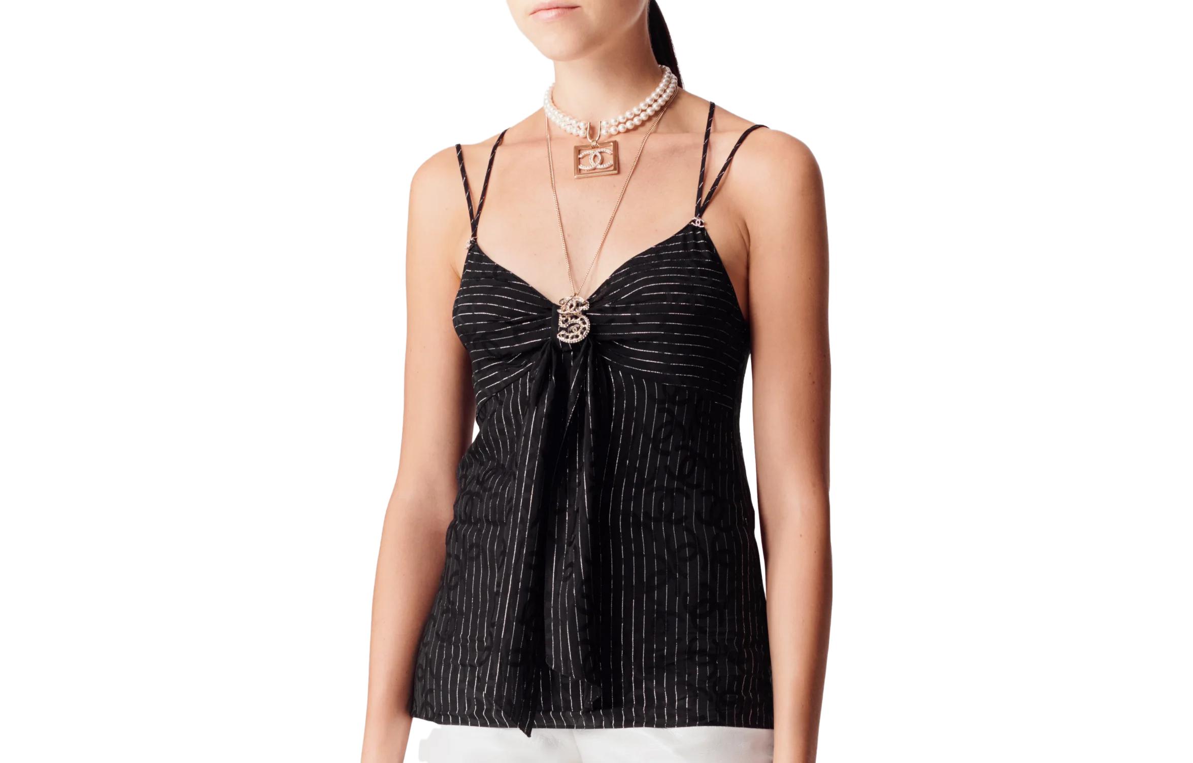 Order (W) シャネル 春夏 ストライプ ボウ装飾 キャミソール トップ ブラック レディース P74497-V66091-NM477