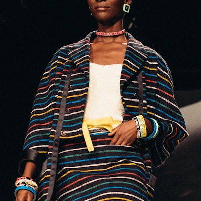 (Women) CHANEL SS22 Black Color-Blocked Striped Cropped Blazer Jacket. P72553-V63800-NG799 Lookbook (Women) CHANEL SS22 Black Color-Blocked Striped Cropped Blazer Jacket. P72553-V63800-NG799