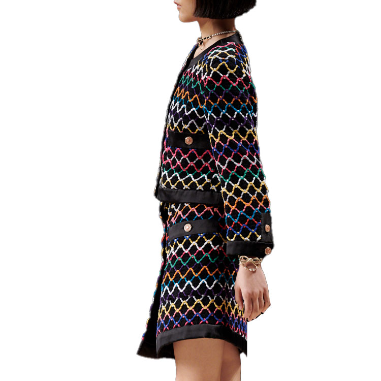 Shop (W) シャネル SS22 ブラック ツイード ジャケット 長袖 ラウンドネック ボタンアップ P72503-V64213-NH780