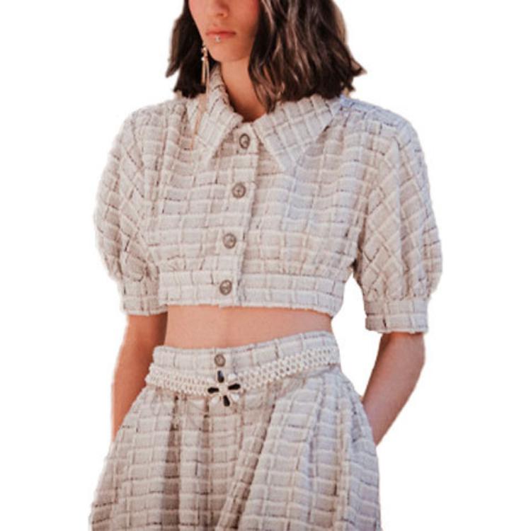 (Women) CHANEL SS22  Tweed Plaid Cropped Short-Sleeve Jacket Light Grey P71855-V63403-NG169