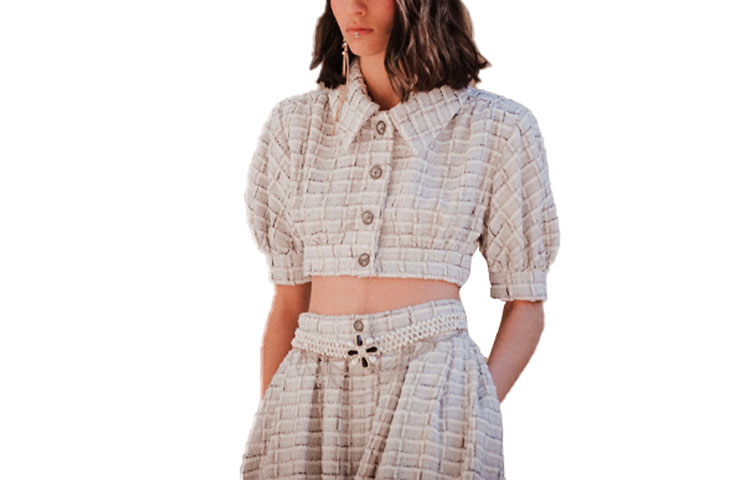 Order (W) シャネル SS22 ツイード チェック柄 クロップト半袖ジャケット ライトグレー P71855-V63403-NG169