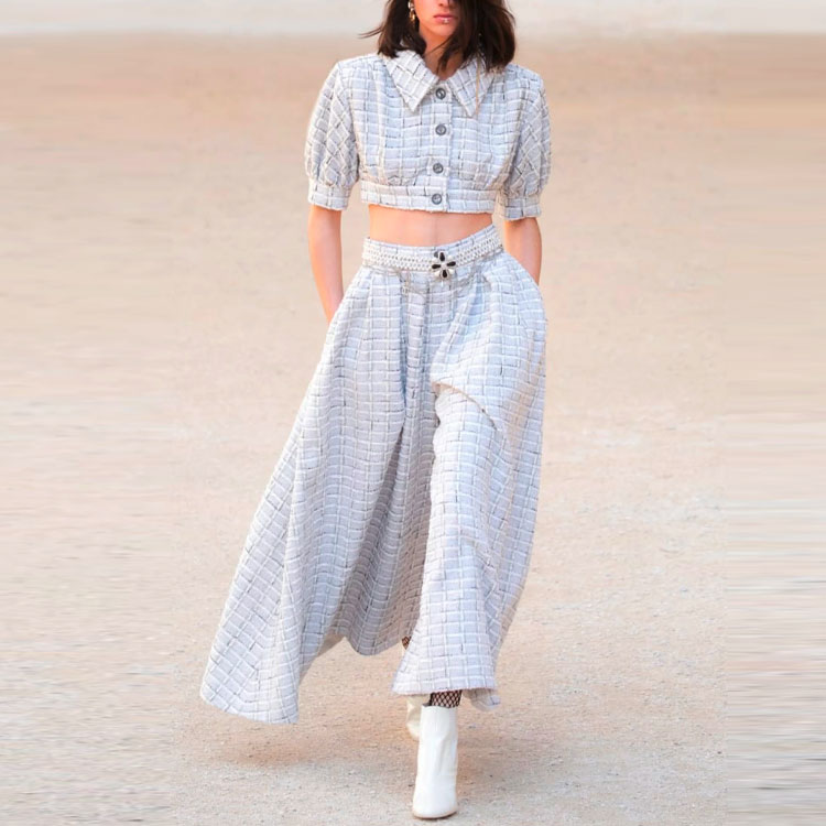 Lookbook (W) シャネル SS22 ツイード チェック柄 クロップト半袖ジャケット ライトグレー P71855-V63403-NG169