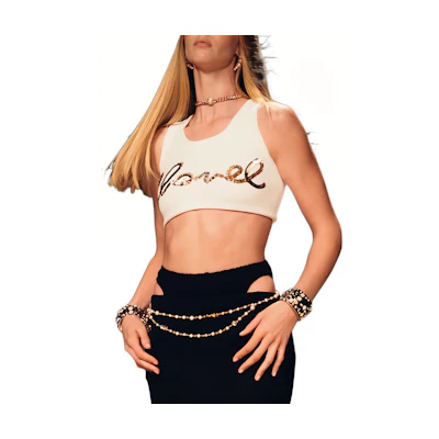 (Women) CHANEL SS22 White Velvet Knit Tank Top with Embroidered Letters P72665-V64316-NI210
