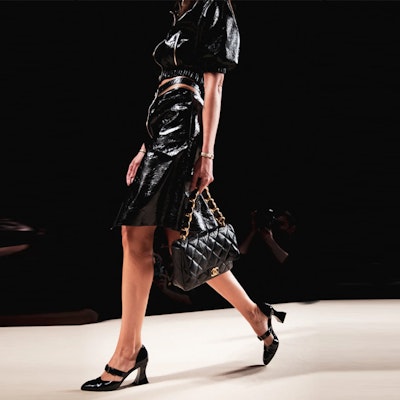 (Women) CHANEL SS22 Black Pleated Lambskin Leather Mini Skirt Women. P72671-C00318-94305 Lookbook (Women) CHANEL SS22 Black Pleated Lambskin Leather Mini Skirt Women. P72671-C00318-94305