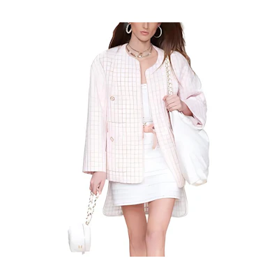 (Women) Chanel SS22 Pink Tweed Long Sleeve Button-Up H-Line Coat for Women. P72571-V64183-NH645