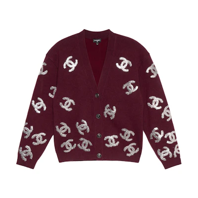 (Women) CHANEL SS22 Red Knit Cardigan with Logo Jacquard and V-Neck. P72997-K10494-NJ056